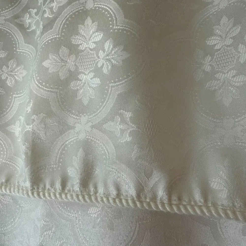 White Tone on Tone Shower Curtain with Built-In Valance Jacquard Damask Pattern